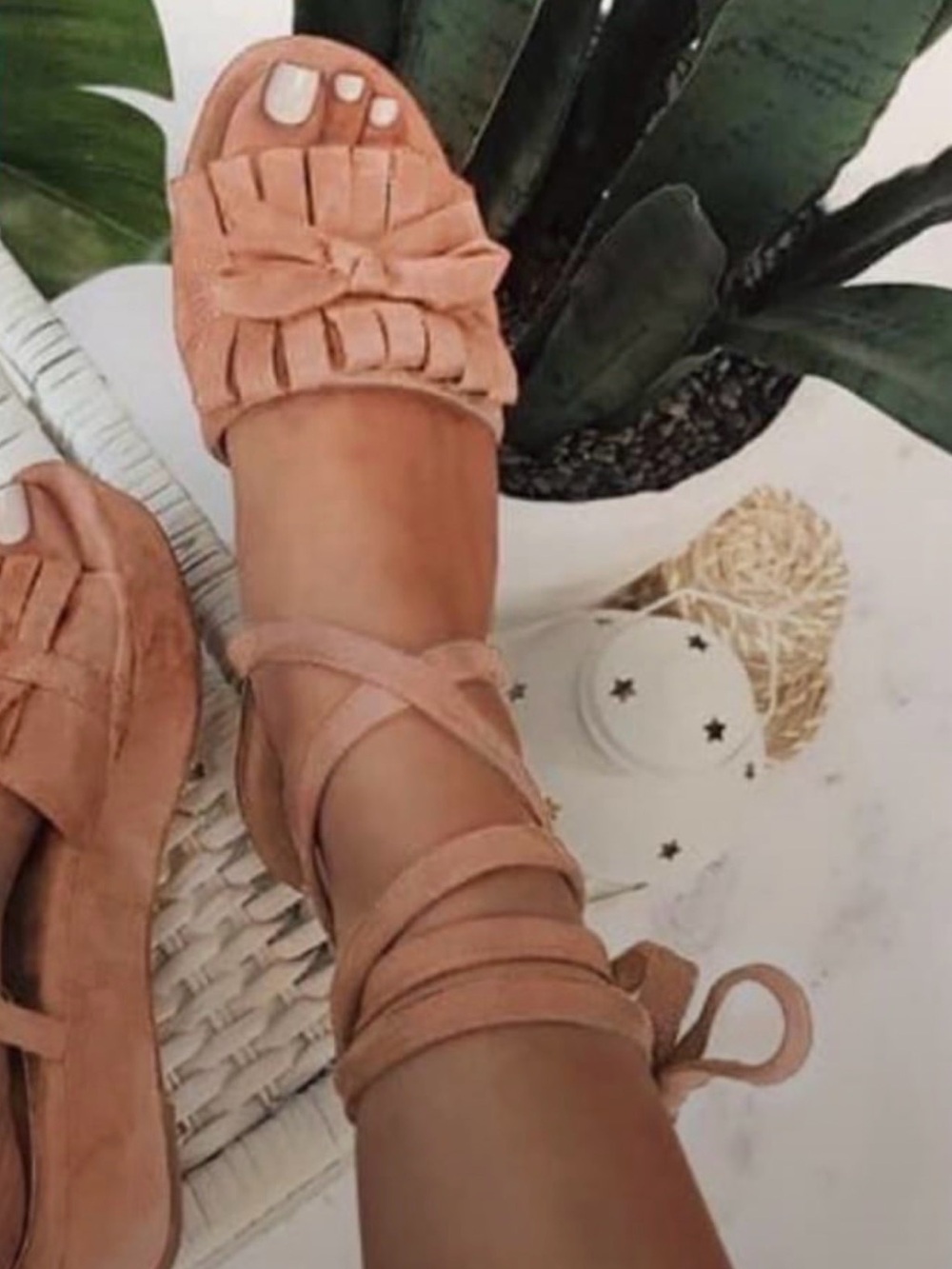 Liliana Blush Pink Suede Fringe Lace-Up Sandals